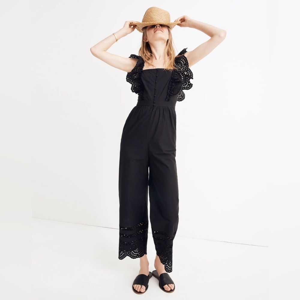 Madewell Eyelet Frilled-Strap Jumpsuit in Black